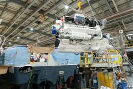 Scania DI16-liter engine being installed in Viking Yachts vessel