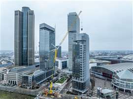 Yellow Liebherr LTM 1650-8.1 crane at work in Frankfurt