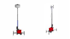 The GBBAT8BM balloon light tower (left) and GBBAT3S4M 4-spot light tower (right). Photo: Multiquip