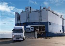 Hyundai XCIENT fuel cell trucks unloading at the Port of Brunswick, Georgia