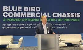 Blue Bird's Andy Moore speaks during a press conference about the company's commercial chassis at ACT Expo 2025.