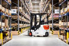 Photo of Bobcat's B18NT forklift in an indoor warehouse aisle. (Image: Bobcat)