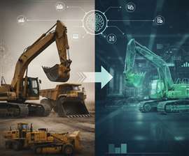 Illustration showing traditional yellow construction equipment transforming into a blue/green digital representation of an excavator.