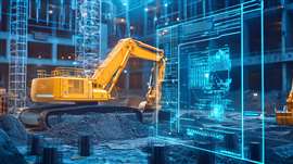 AI-driven autonomous construction site with digital blueprints and smart machinery