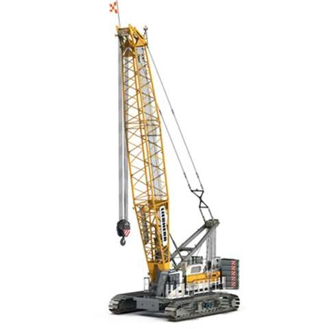 Full height drawing of yellow and white LR 1160.1 crawler crane with lattice boom