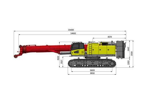 side view of red and yellow Sany crane