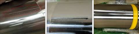 Figure 8. The scratch (circled) in a journal area (left); the same scratch after LBW repair (middle); and the repaired area after final machining (right).
